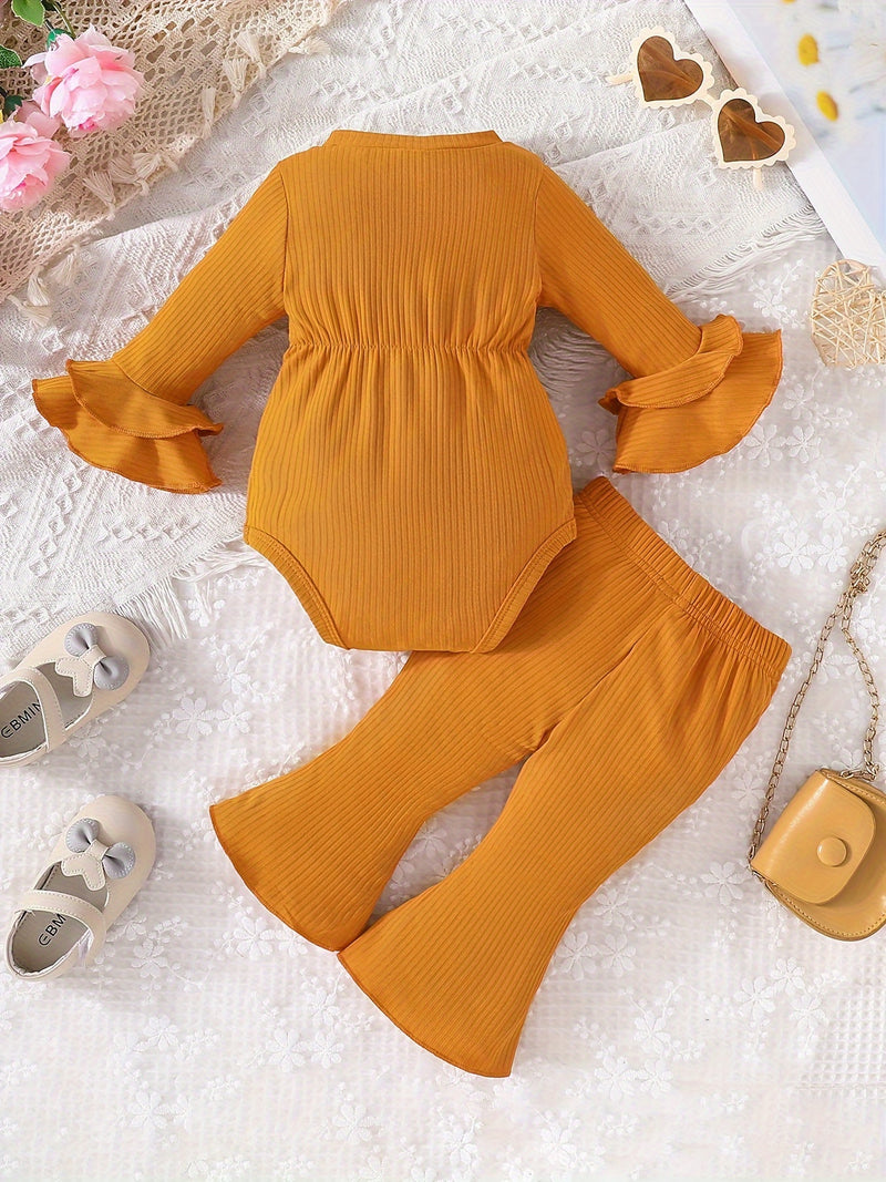 Adorable Infant Girls Spring/Autumn Clothes Set with Bow, Long-sleeved Triangle Romper and Trousers