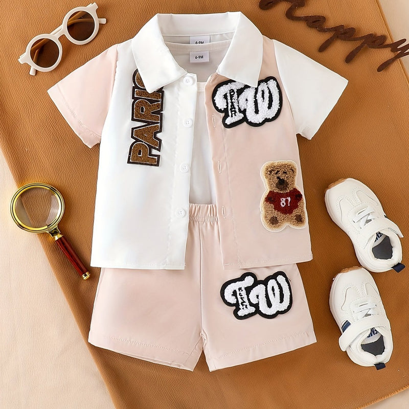 2pcs Infant & Toddler's Letter & Bear Patchwork Summer Set, Color Clash Short Sleeve Shirt & Casual Shorts, Baby Boy's Clothes