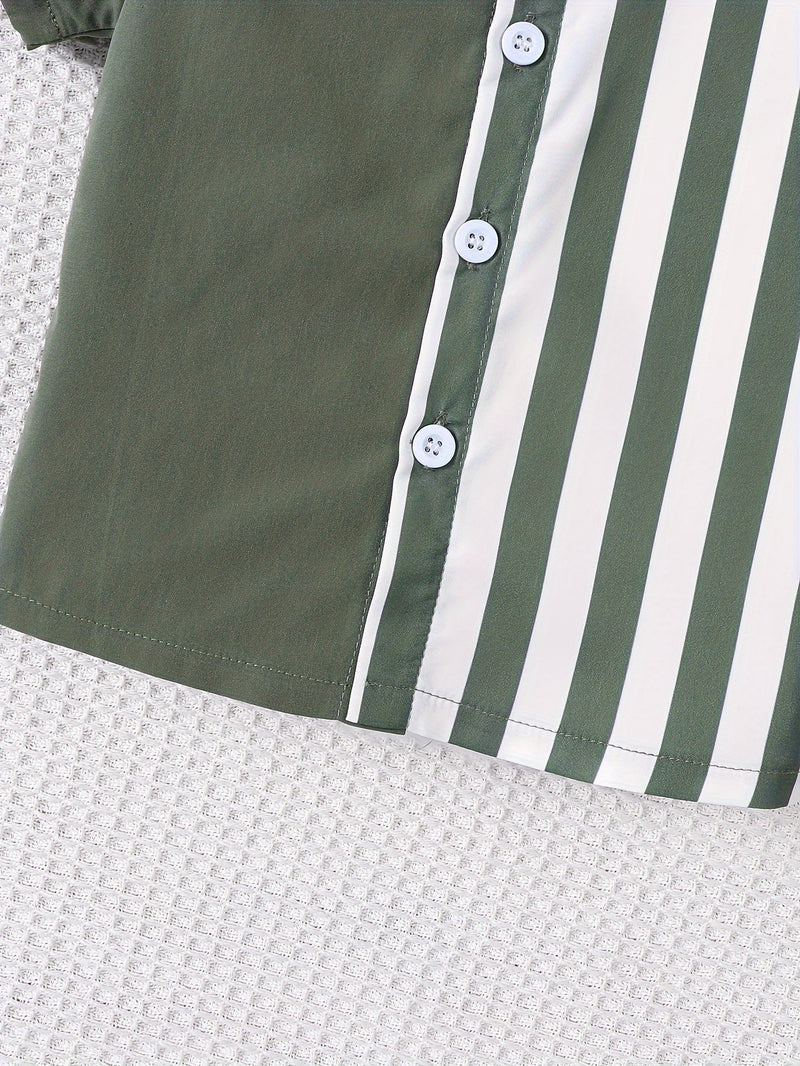 2pcs Infant & Toddler's Vertical Stripe Pattern Summer Outfit, Short Sleeve Shirt & Casual Shorts, Baby Boy's Clothes