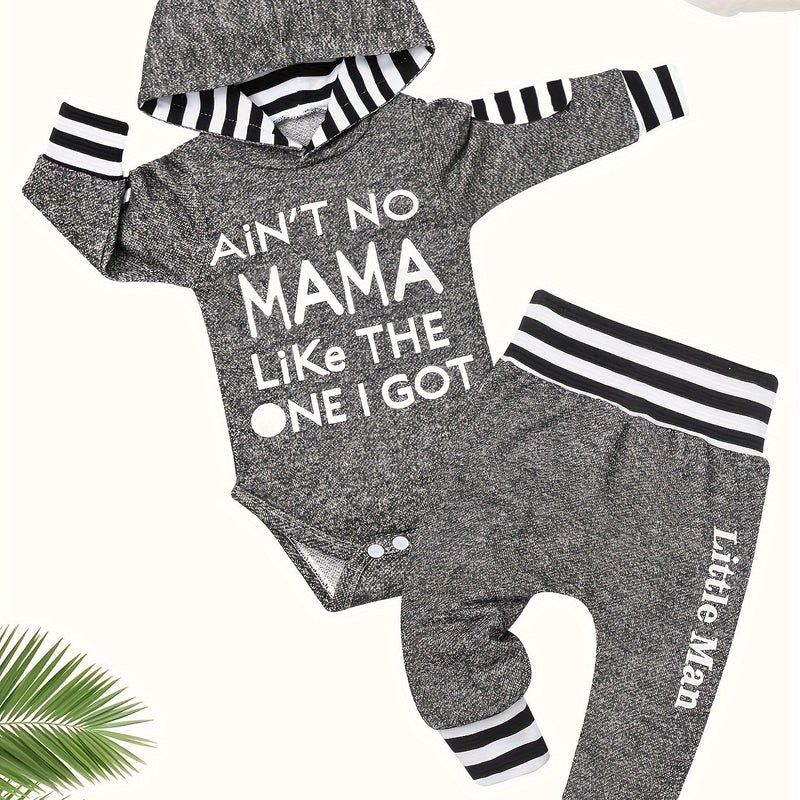 2pcs, Infant Baby Boys Cute Casual Outfits, AiN'T NO MAMA LiKe THE ONE I GOT Letter Print Hooded Long Sleeve Romper + Trousers Suit