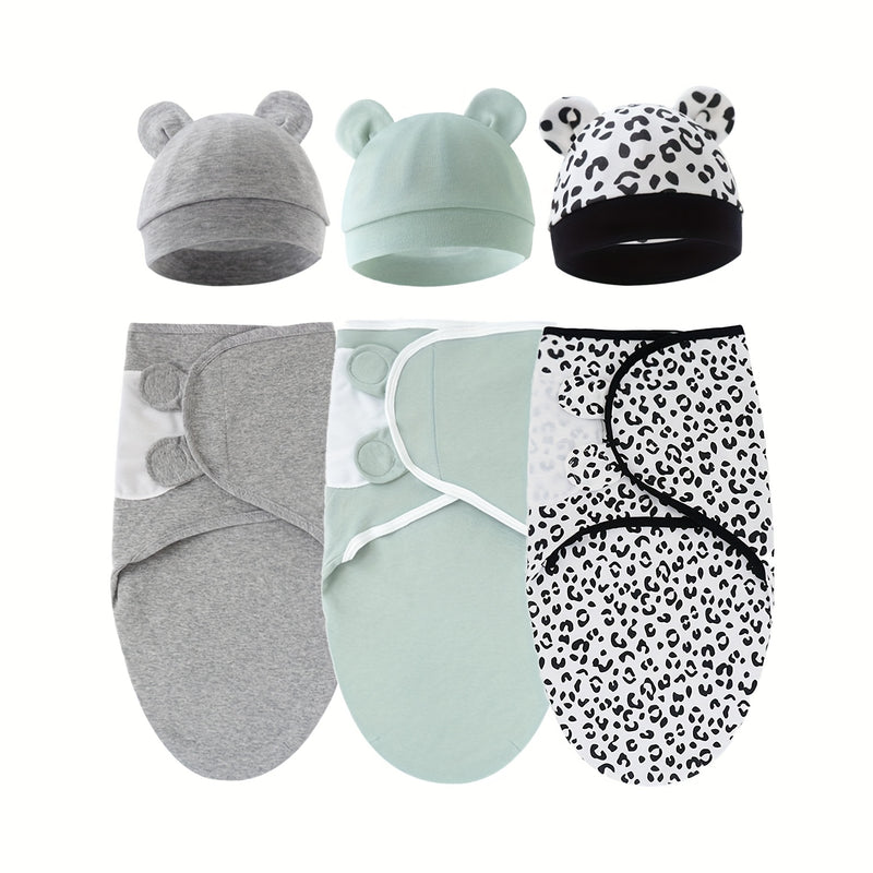 3 Sets Of Newborn Swaddle Blankets And Hats For 0-6 Months Boys And Girls, Newborn Anti-Shock Swaddle Design, Newborn Gift.