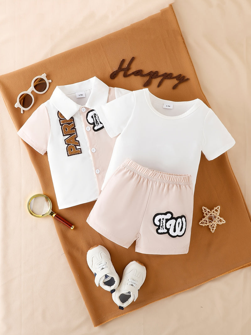 2pcs Infant & Toddler's Letter & Bear Patchwork Summer Set, Color Clash Short Sleeve Shirt & Casual Shorts, Baby Boy's Clothes