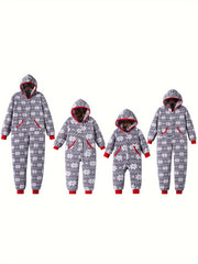 Parent-child Outfit DADDY&CHILD&BABY, Infant Girl Christmas Snow Pattern Zipper Open Front Hooded Bodysuit