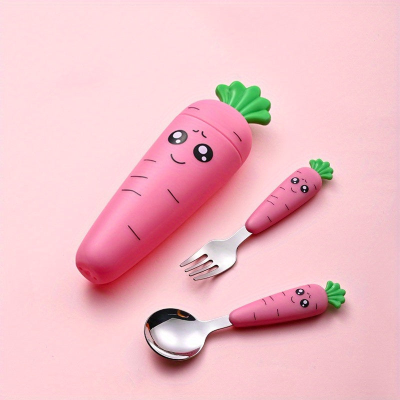 1pc/1set Portable Carrot Tableware, Creative Cartoon Children's Fork Spoon With Handle For Toddlers Kids