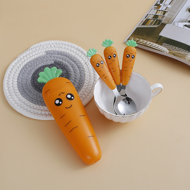 1pc/1set Portable Carrot Tableware, Creative Cartoon Children's Fork Spoon With Handle For Toddlers Kids