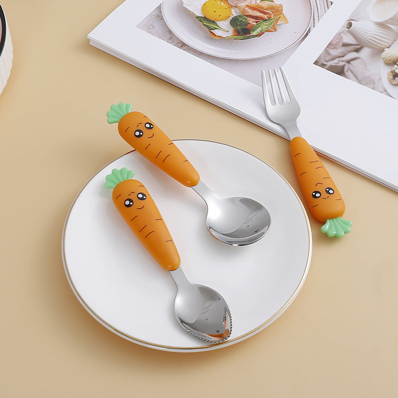 1pc/1set Portable Carrot Tableware, Creative Cartoon Children's Fork Spoon With Handle For Toddlers Kids