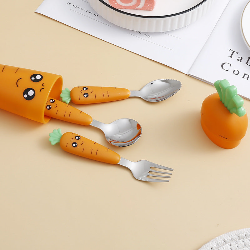 1pc/1set Portable Carrot Tableware, Creative Cartoon Children's Fork Spoon With Handle For Toddlers Kids