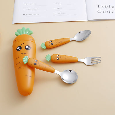 1pc/1set Portable Carrot Tableware, Creative Cartoon Children's Fork Spoon With Handle For Toddlers Kids