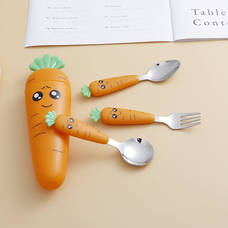 1pc/1set Portable Carrot Tableware, Creative Cartoon Children's Fork Spoon With Handle For Toddlers Kids