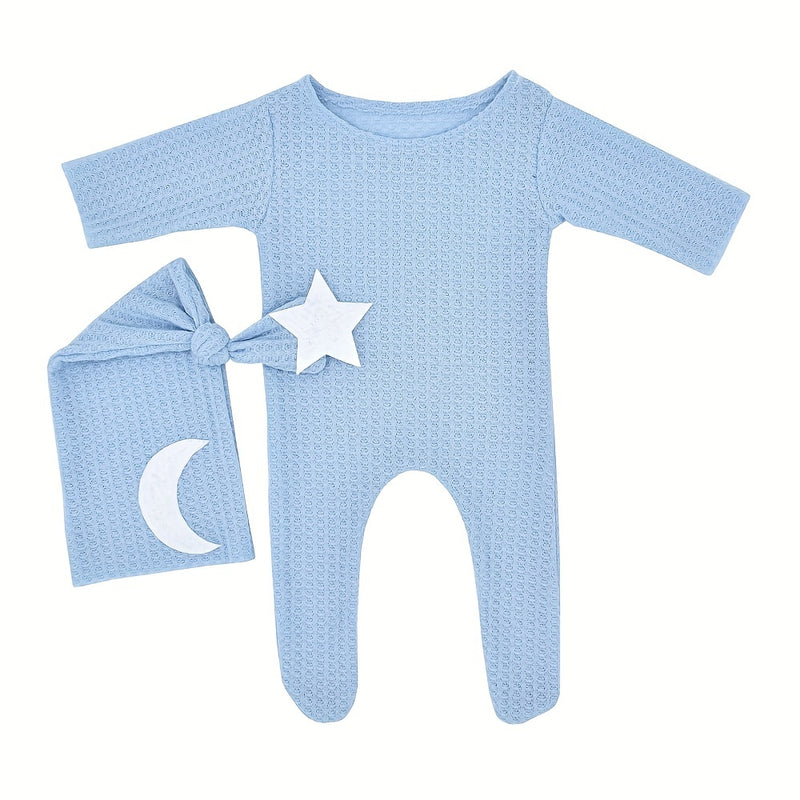 2pcs/Set Newborn Baby Stars and Moon Decoration Knitted Jumpsuit Long Tail Hat Two-piece Suit Photography Props Bodysuit Studio Outfits Clothing