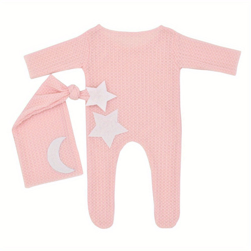 2pcs/Set Newborn Baby Stars and Moon Decoration Knitted Jumpsuit Long Tail Hat Two-piece Suit Photography Props Bodysuit Studio Outfits Clothing