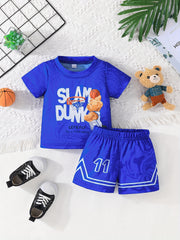 2pcs Cartoon Bear Basketball Player Print Sporty Style Outfit For Infant & Toddler, T-shirt & Elastic Waist Shorts, Baby Boy's Clothes