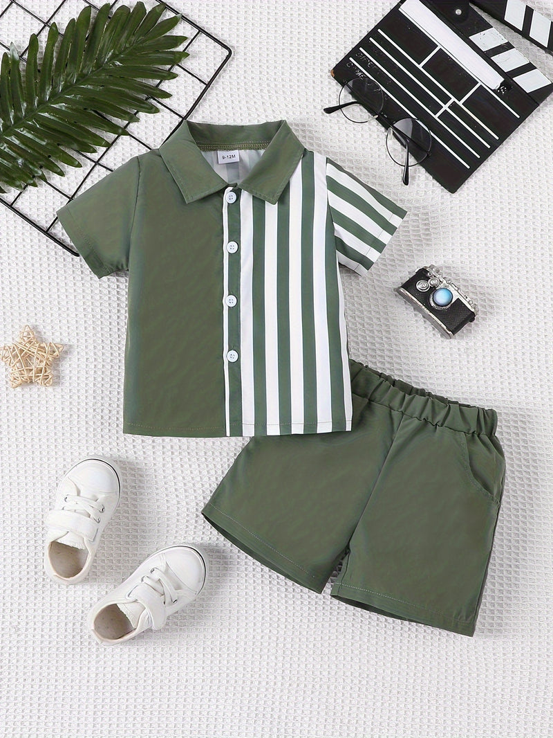 2pcs Infant & Toddler's Vertical Stripe Pattern Summer Outfit, Short Sleeve Shirt & Casual Shorts, Baby Boy's Clothes