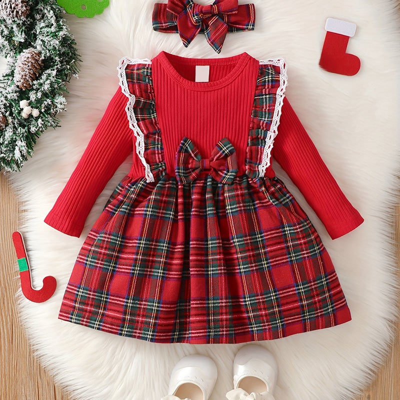 Adorable Princess Dress - Long Sleeve, Lattice Print, Bow Tie, Christmas Themed, Cute and Festive Outfit for Infant Girls