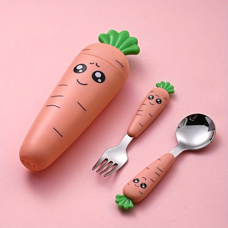 1pc/1set Portable Carrot Tableware, Creative Cartoon Children's Fork Spoon With Handle For Toddlers Kids