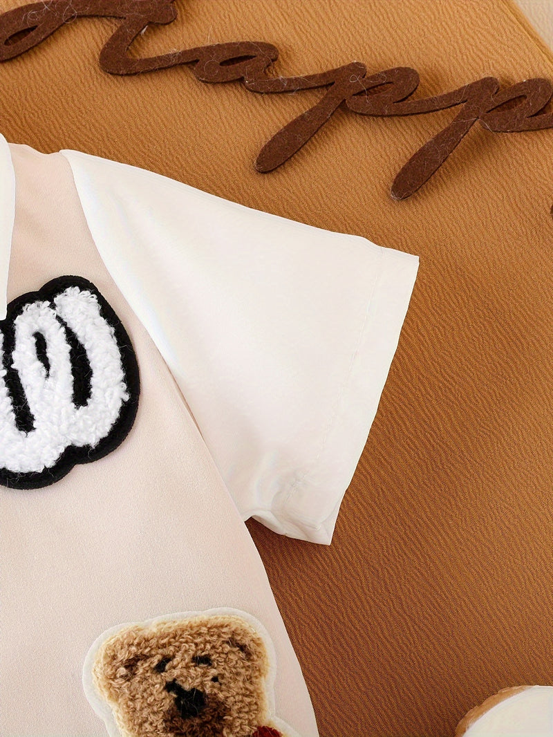 2pcs Infant & Toddler's Letter & Bear Patchwork Summer Set, Color Clash Short Sleeve Shirt & Casual Shorts, Baby Boy's Clothes