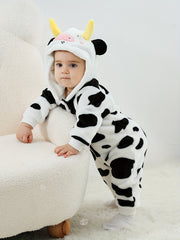 Infant Baby Girls Flannel Cute Cow Pattern Print Casual Hooded Bodysuit