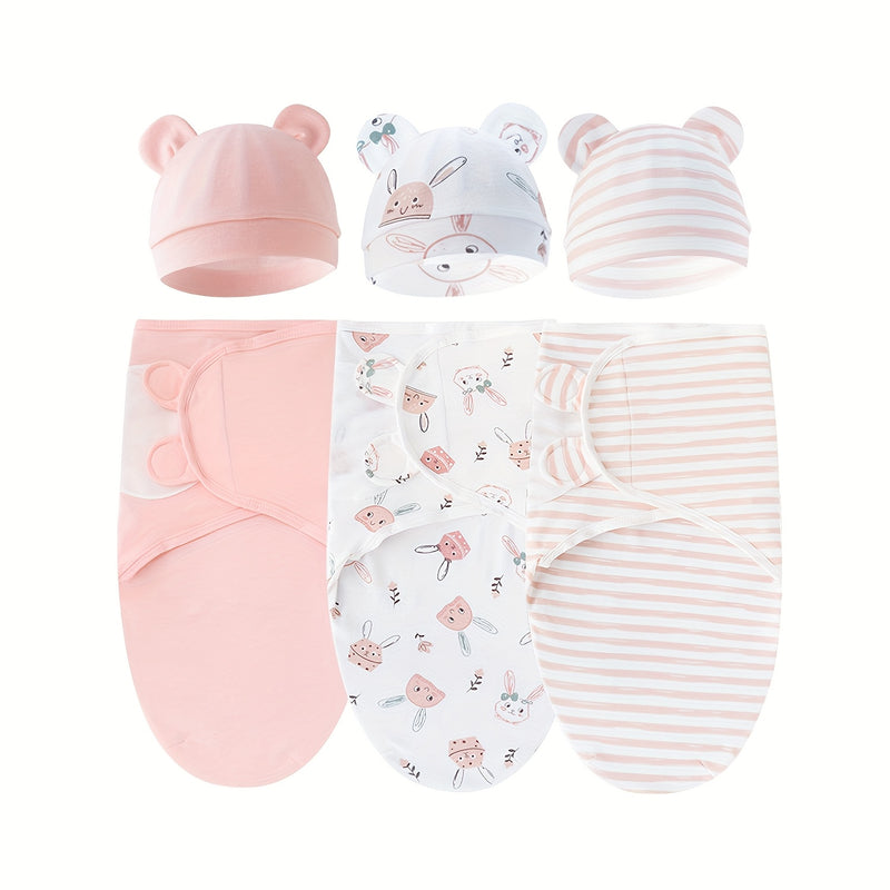3 Sets Of Newborn Swaddle Blankets And Hats For 0-6 Months Boys And Girls, Newborn Anti-Shock Swaddle Design, Newborn Gift.