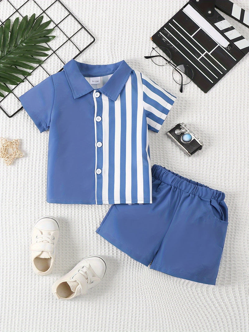 2pcs Infant & Toddler's Vertical Stripe Pattern Summer Outfit, Short Sleeve Shirt & Casual Shorts, Baby Boy's Clothes