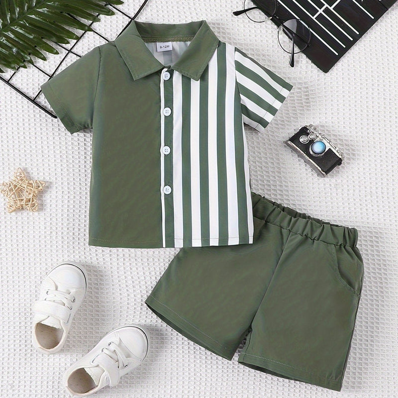 2pcs Infant & Toddler's Vertical Stripe Pattern Summer Outfit, Short Sleeve Shirt & Casual Shorts, Baby Boy's Clothes