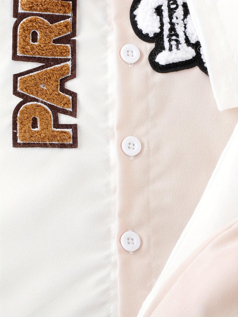 2pcs Infant & Toddler's Letter & Bear Patchwork Summer Set, Color Clash Short Sleeve Shirt & Casual Shorts, Baby Boy's Clothes