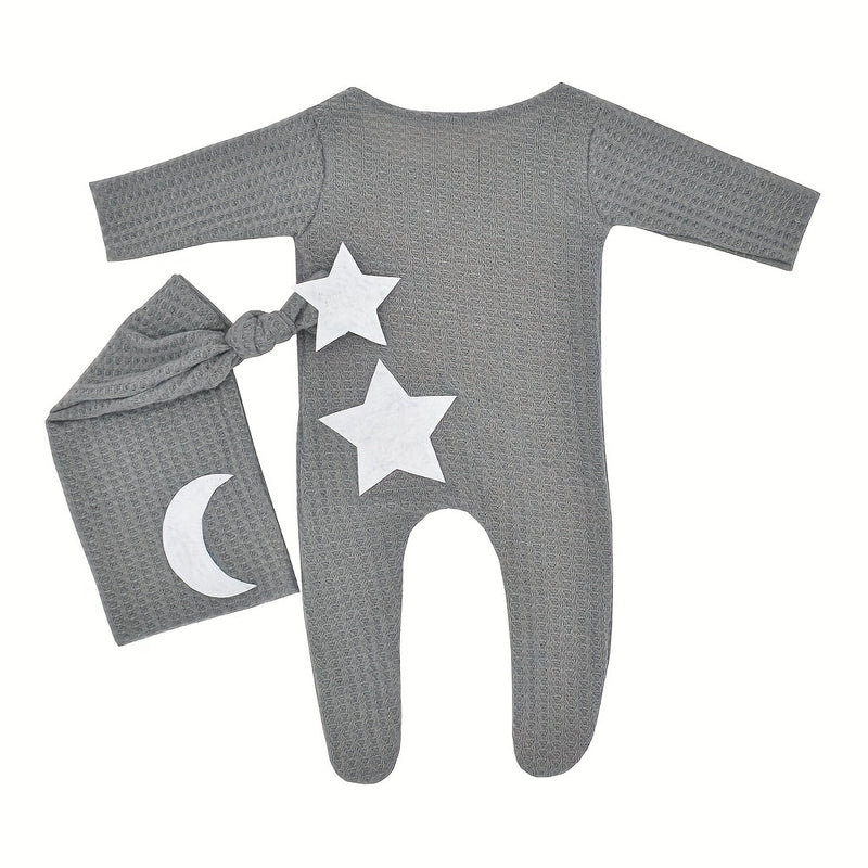 2pcs/Set Newborn Baby Stars and Moon Decoration Knitted Jumpsuit Long Tail Hat Two-piece Suit Photography Props Bodysuit Studio Outfits Clothing