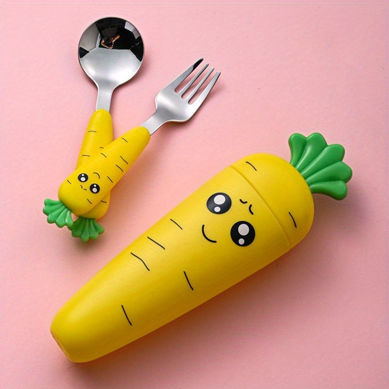 1pc/1set Portable Carrot Tableware, Creative Cartoon Children's Fork Spoon With Handle For Toddlers Kids