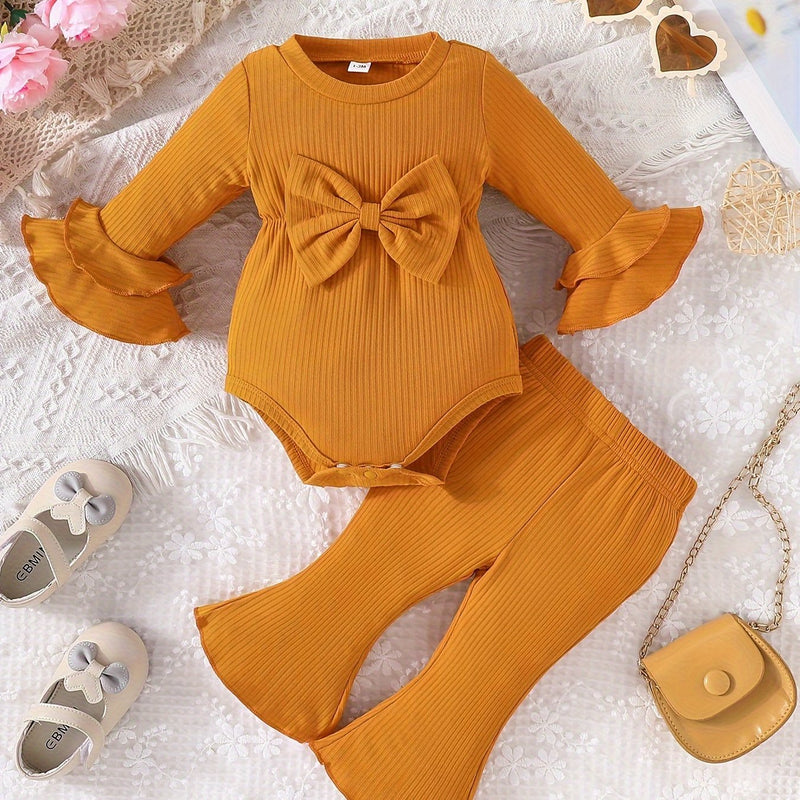Adorable Infant Girls Spring/Autumn Clothes Set with Bow, Long-sleeved Triangle Romper and Trousers
