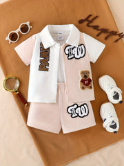 2pcs Infant & Toddler's Letter & Bear Patchwork Summer Set, Color Clash Short Sleeve Shirt & Casual Shorts, Baby Boy's Clothes