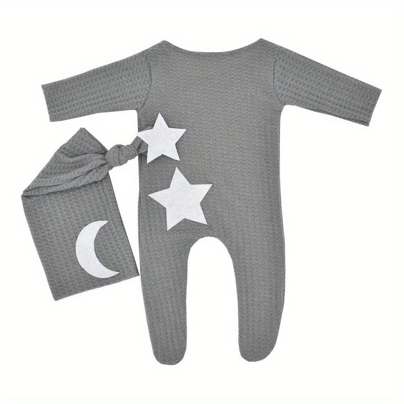 2pcs/Set Newborn Baby Stars and Moon Decoration Knitted Jumpsuit Long Tail Hat Two-piece Suit Photography Props Bodysuit Studio Outfits Clothing