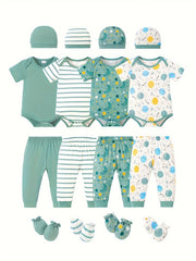 4 Sets Newborn Baby's Solid Color & Starry Sky & Stripe & Space Pattern Casual Outfit, Triangle Onesie & Hat & Baby Mittens & Pants Set, Infant Boy's Clothes, Outdoor Cloth