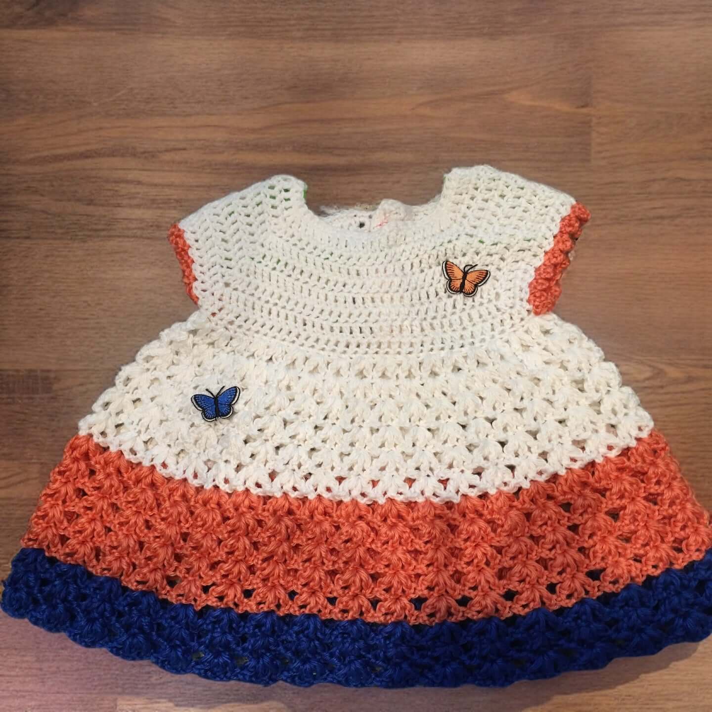 Handmade, Crocheted, Infant Dress, white w/Tangerine and Blue