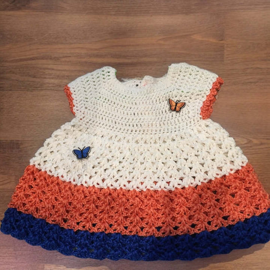 Handmade, Crocheted, Infant Dress, white w/Tangerine and Blue
