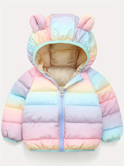 Baby Girls Rainbow Color Hooded Clothes, Infant Toddler Warm Colorful Cute Ear Hooded Jacket, Baby Winter Coat Cotton-padded Jacket