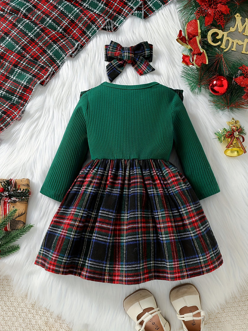 Adorable Princess Dress - Long Sleeve, Lattice Print, Bow Tie, Christmas Themed, Cute and Festive Outfit for Infant Girls