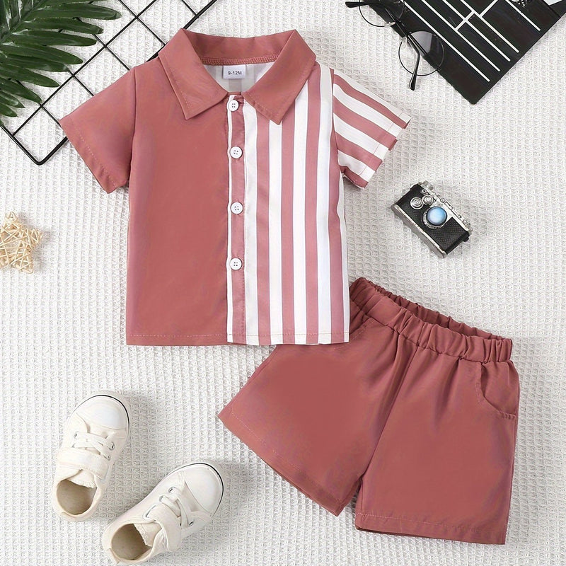 2pcs Infant & Toddler's Vertical Stripe Pattern Summer Outfit, Short Sleeve Shirt & Casual Shorts, Baby Boy's Clothes