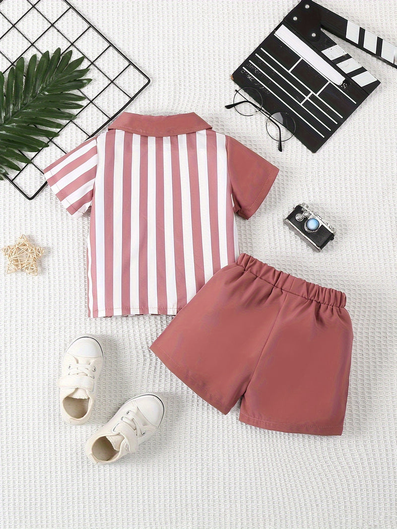 2pcs Infant & Toddler's Vertical Stripe Pattern Summer Outfit, Short Sleeve Shirt & Casual Shorts, Baby Boy's Clothes