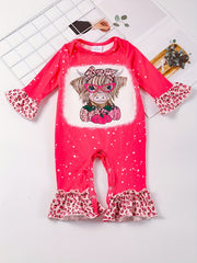 Baby's Cartoon Glasses Heifer Pattern Casual Ruffled Long Sleeve Romper, Toddler & Infant Girl's Bell-bottom Bodysuit