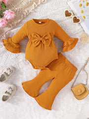 Adorable Infant Girls Spring/Autumn Clothes Set with Bow, Long-sleeved Triangle Romper and Trousers