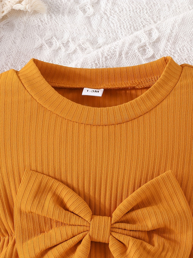 Adorable Infant Girls Spring/Autumn Clothes Set with Bow, Long-sleeved Triangle Romper and Trousers