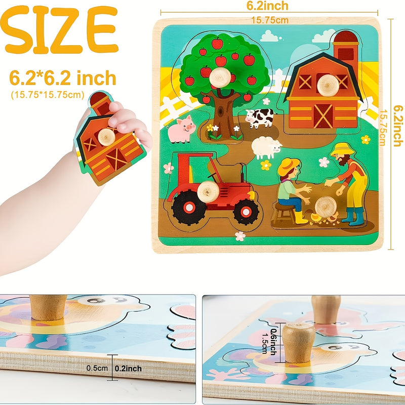 4pcs Wooden Toddler Puzzles, Funsland Peg Puzzles Gifts Toys, Animal Patterns Jigsaw with Handles, Infant Kid Fine Motor Skill Learning Educational Puzzles for 1 2 3 Years Old