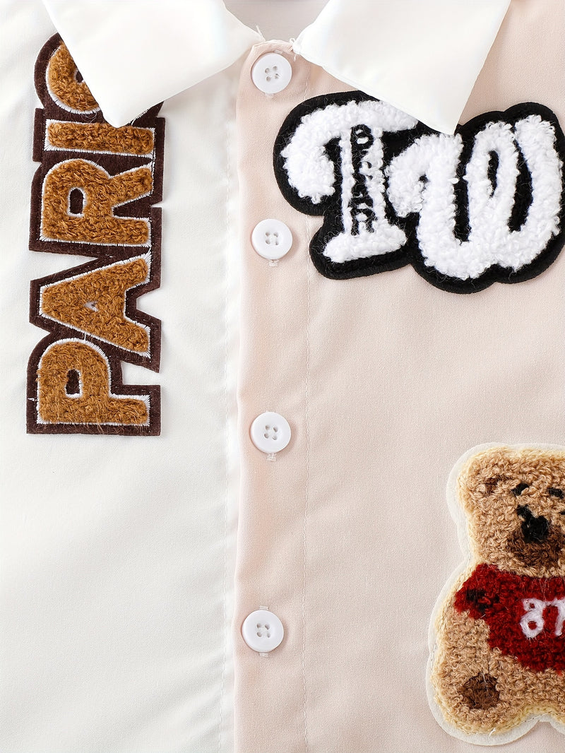 2pcs Infant & Toddler's Letter & Bear Patchwork Summer Set, Color Clash Short Sleeve Shirt & Casual Shorts, Baby Boy's Clothes
