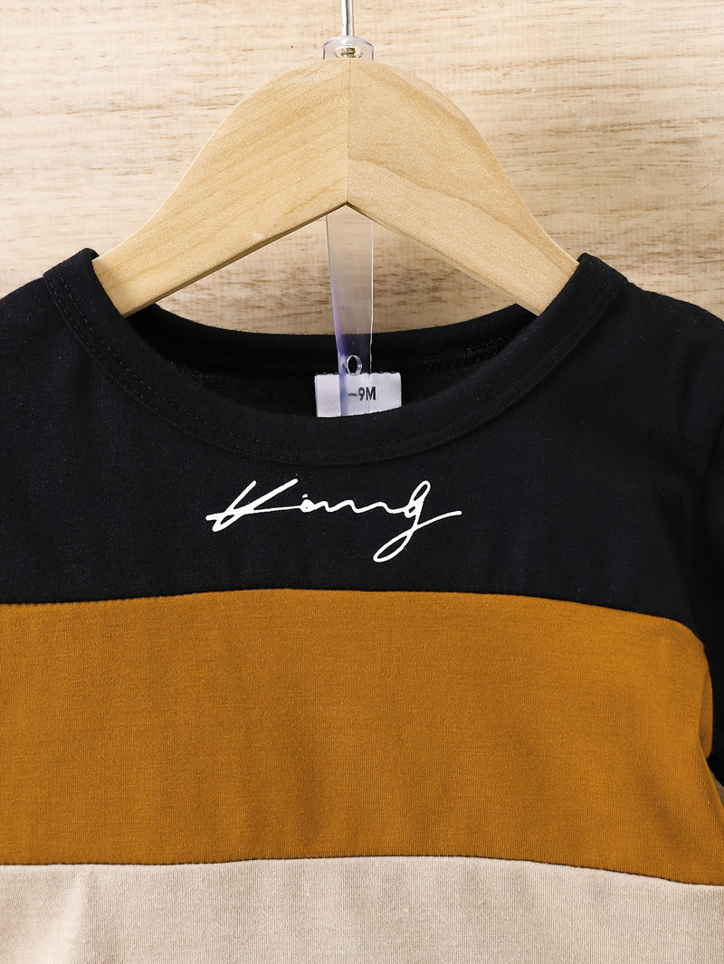 2pcs Infant & Toddler's Letter Print Casual Outfit, Color Clash T-shirt & Elastic Waist Shorts, Baby Boy's Clothes