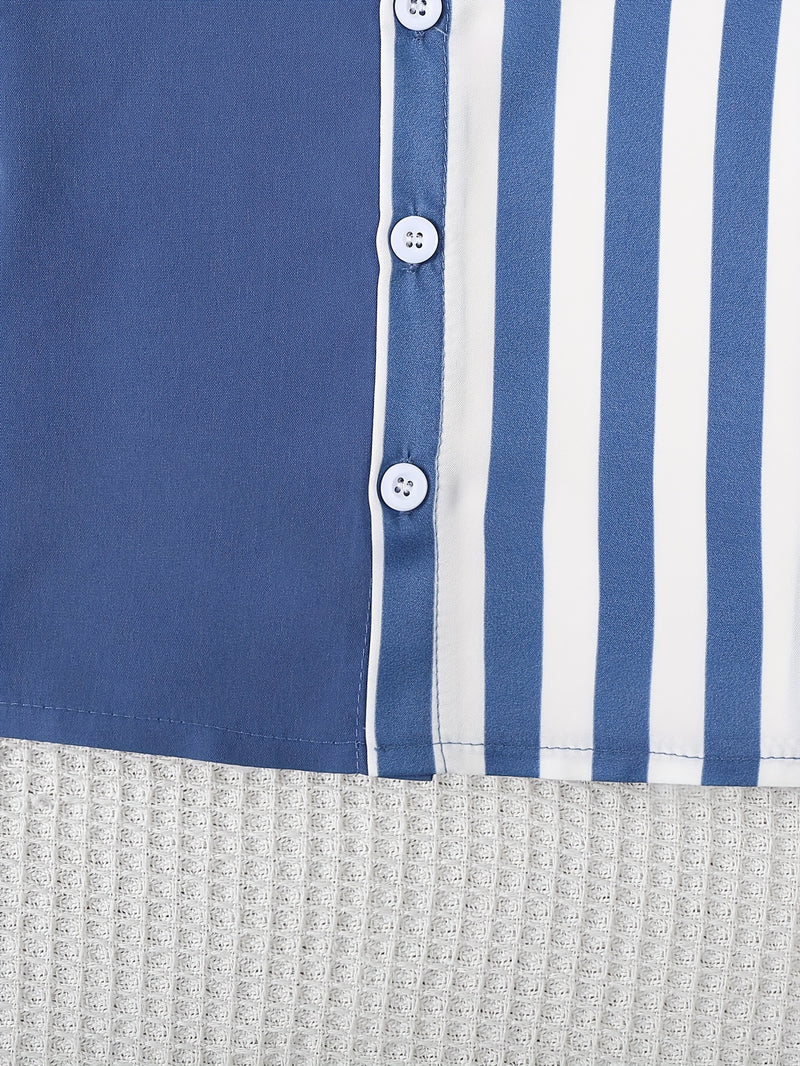 2pcs Infant & Toddler's Vertical Stripe Pattern Summer Outfit, Short Sleeve Shirt & Casual Shorts, Baby Boy's Clothes