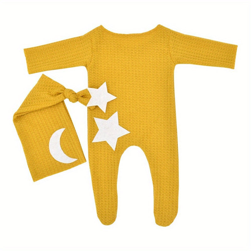 2pcs/Set Newborn Baby Stars and Moon Decoration Knitted Jumpsuit Long Tail Hat Two-piece Suit Photography Props Bodysuit Studio Outfits Clothing