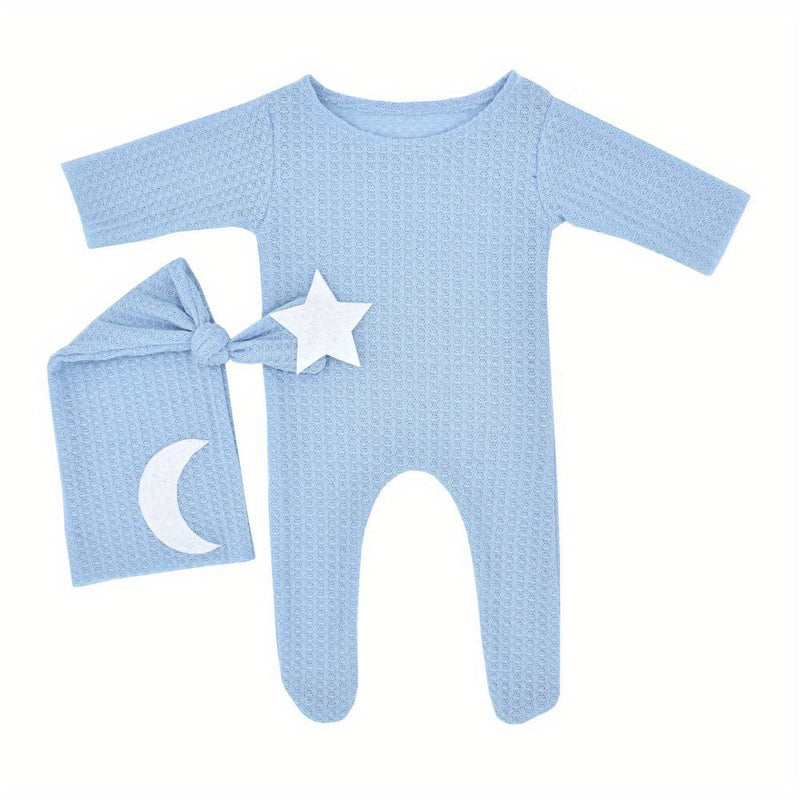2pcs/Set Newborn Baby Stars and Moon Decoration Knitted Jumpsuit Long Tail Hat Two-piece Suit Photography Props Bodysuit Studio Outfits Clothing