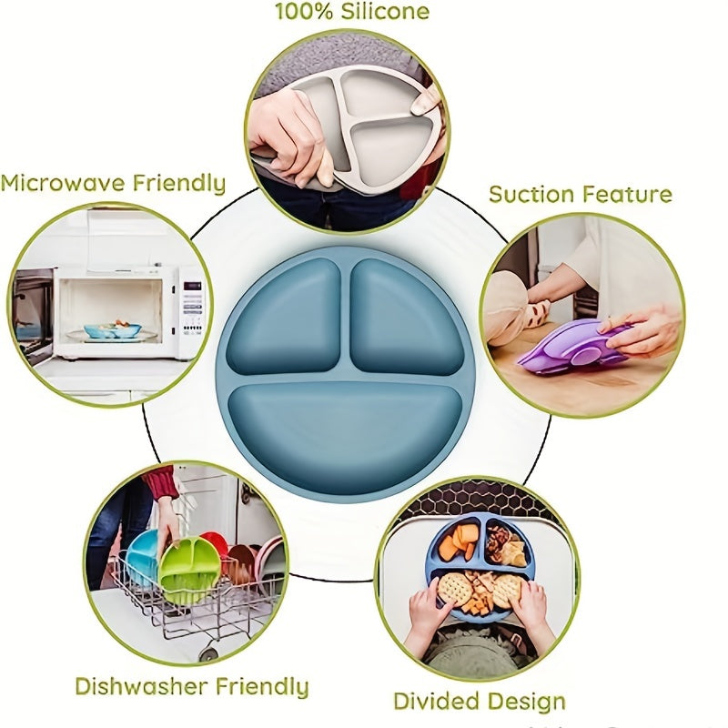 1pc Suction Cup Plate For Babies & Toddlers | 100% Silicone Divided Design Plate | Microwave & Dishwasher Saf