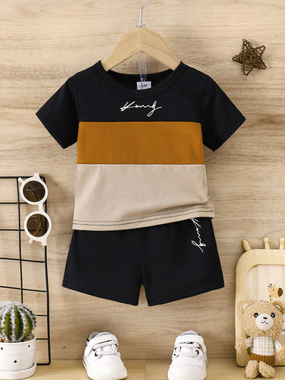 2pcs Infant & Toddler's Letter Print Casual Outfit, Color Clash T-shirt & Elastic Waist Shorts, Baby Boy's Clothes