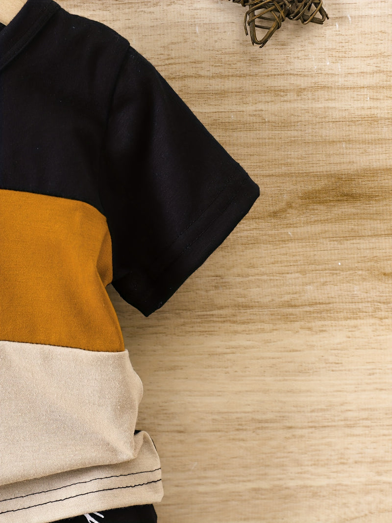 2pcs Infant & Toddler's Letter Print Casual Outfit, Color Clash T-shirt & Elastic Waist Shorts, Baby Boy's Clothes