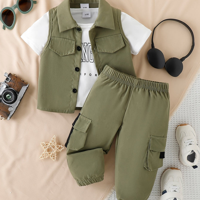 3pcs Infant & Toddler's Street Style Outfit, Casual Vest & Letter Print T-shirt & Cargo Pants, Baby Boy's Clothes